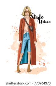 Fashion illustration. Stylish beautiful woman in coat and sunglasses. Fashion model posing. Hand drawn sketch. Vector. 