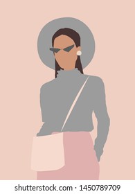 Fashion illustration of stylish girl. Vector flat design. Young women dressed in trendy clothes. Female cartoon character isolated on pink background. Perfect for postcard, notebook, t-shirt print. 