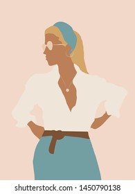 Fashion illustration of stylish girl.Vector flat design. Young women dressed in trendy clothes. Female cartoon character isolated on pink background. Perfect for postcard, notebook, t-shirt print.