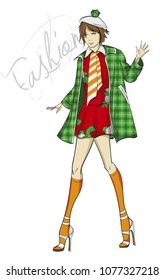 Fashion illustration. Stylish fashion model. Fashion girl Sketch. Girl in a plaid coat and beret.