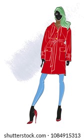 Fashion illustration. Stylish fashion model. Fashion girl Sketch. Girl in a in a jacket