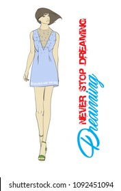 Fashion illustration. Stylish model with an inscription. Fashion girl Sketch. Girl in the dress