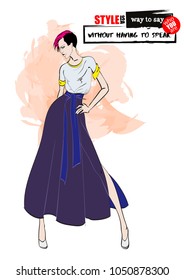 Fashion illustration. Stylish fashion models. Fashion girl Sketch. A girl in a dress and fashionable quote.