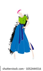 Fashion illustration. Stylish fashion models. Fashion girl Sketch. A girl in a dress