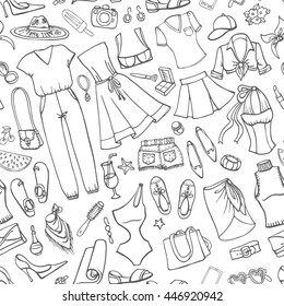 Fashion illustration. Summer wear seamless pattern,background.Woman wardrobe.Vector hand drawn  fashionable  clothes,dress,accessories.Isolated Sketches ,scrapbooking.Summer vacation