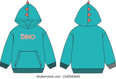 Fashion illustration. Technical drawing. Bright dino hoodie for boys.