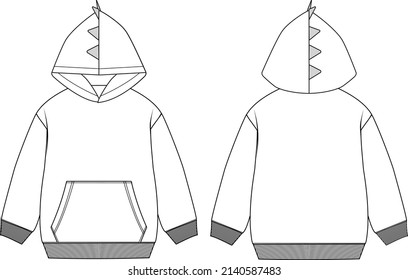 Fashion illustration. Technical drawing. Bright dino hoodie for boys.