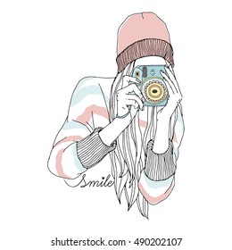 fashion illustration of teen girl hipster with camera