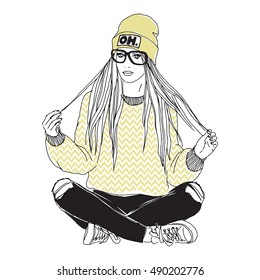 fashion illustration of teen girl hipster sitting on the ground wearing jacquard pullover, beanie hat,  jeans and glasses