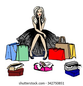 Fashion illustration of thinking woman in shop with shopping bags and boxes with shoes. Hand drawn ink sketch isolated on white. Clip art