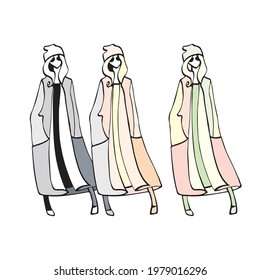 Fashion illustration three girls in gray coats different colors vector