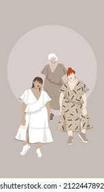 Fashion Illustration Of Three Plus Size Girls In Beautiful Dresses On A Beige Background