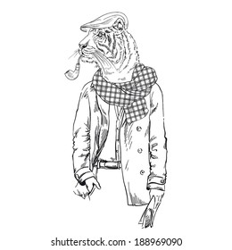 fashion illustration of tiger dressed up in retro style