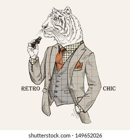 Fashion Illustration of Tiger dressed in Vintage Style, Retro Chic, Vector Image