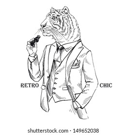 Fashion Illustration of Tiger dressed in Vintage Style, Retro Chic, Vector Image