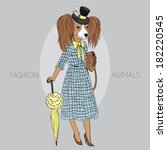 Fashion illustration of toy terrier girl dressed up in retro style