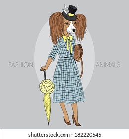 Fashion illustration of toy terrier girl dressed up in retro style