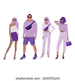 Fashion illustration of trendy modern people in purple colors. 