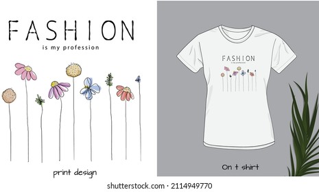 Fashion illustration for T-shirt with stylish watercolor flowers on white background. For woman and girls. Female textile. 