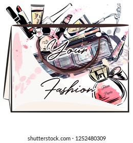 Fashion illustration vector bag full of makeup stuff. Lipstick, cream, perfume