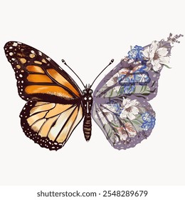 Fashion illustration vector beautiful monarch butterfly with hand drawn flowers