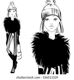 Fashion illustration. Vector girl. Fancy teen. Fashionable woman. Trendy design in sketch style. Hand drawn girls in autumn-winter outfit. Beautiful teenager in fur coat. Black and white illustration