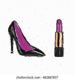 Fashion illustration, vector sketch, brand red lipstick and shoe background