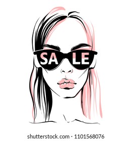 Fashion illustration. Vector stylish girls. Beautiful girl portrait in sketch style. Trendy Design for sale,discount, advertising, store. Woman in sunglasses.