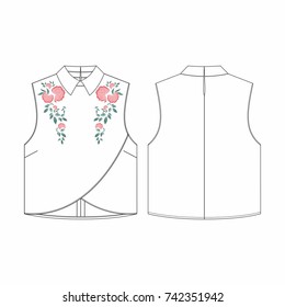 Fashion illustration vector. Women blouse with collar. Print flowers