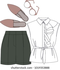 Fashion illustration vector. Women set: blouse with ruffles, shorts, mules and sun glasses. Colored technical drawing vector