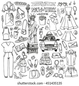 Fashion illustration  wear.USA,New York.Women summer vacation wardrobe. Dress,clothes,accessories. Hand drawing fashionable Vector doodle background,summer party set.Isolated Sketches