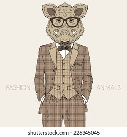 Fashion illustration of wild boar in tweed suit