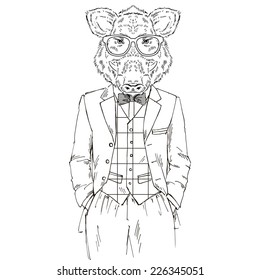 Fashion illustration of wild boar in tweed suit