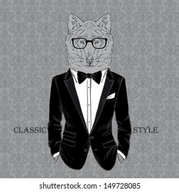 Fashion Illustration of Wolf dressed in Dinner Jacket, Classic Style, Vector Image