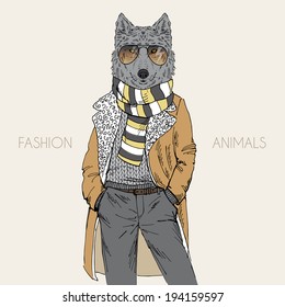 ilustración de moda de lobo vestido con abrigo de cordero