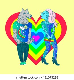  fashion illustration of  wolf and fish hipsters couple 