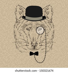 Fashion Illustration of Wolf Portrait in Retro Style, Hipster Look, Vector