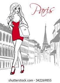 Fashion illustration of woman with dog in hand walking on street of Paris. Hand drawn ink sketch.