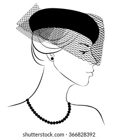 Ilustración de moda de mujer en sombrero con velo aislado en blanco