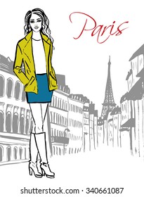 Fashion illustration of woman in jacket and boots walking on street of Paris. Hand drawn ink sketch.