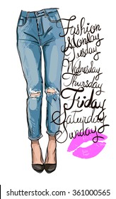 Fashion Illustration Of Woman Legs In Blue Skinny Jeans With Holes