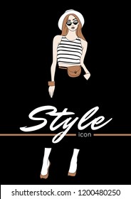 Fashion illustration. Woman in panama hat, sun glasses, white top with black stripes, bum bag, wearing high heeled shoes. Style icon title. Black background. Vector. Eps 10.