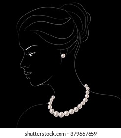 Fashion illustration of woman with pearl necklace and earrings