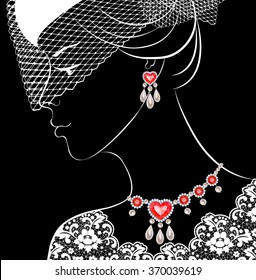 Fashion illustration of woman with pearls and rubies necklace and earrings