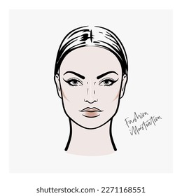 Fashion illustration of a woman's face. Skincare and makeup model, linear style. Beautiful face of young woman