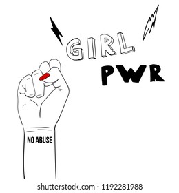 Fashion illustration. Woman's hand with fist raised up. Girl Power. Feminism concept. Realistic style illustration isolated on white. Sticker, patch graphic design. Girl power quote with female fist