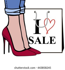 fashion illustration: women foot in red shoes and shoping paper white bag with text  i love sale