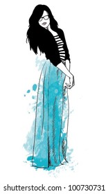 Fashion Illustration. Women In The Maxi Skirt