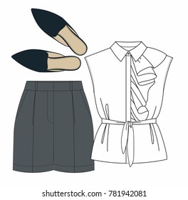 Fashion illustration. Women set: blouse with ruffles, shorts and mules. Technical drawing vector