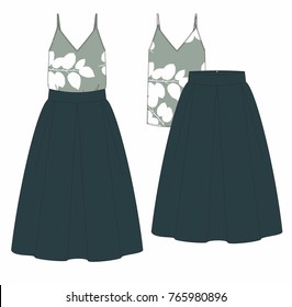 Fashion illustration. Women fashion set. Printed top and skirt. Technical drawing vector